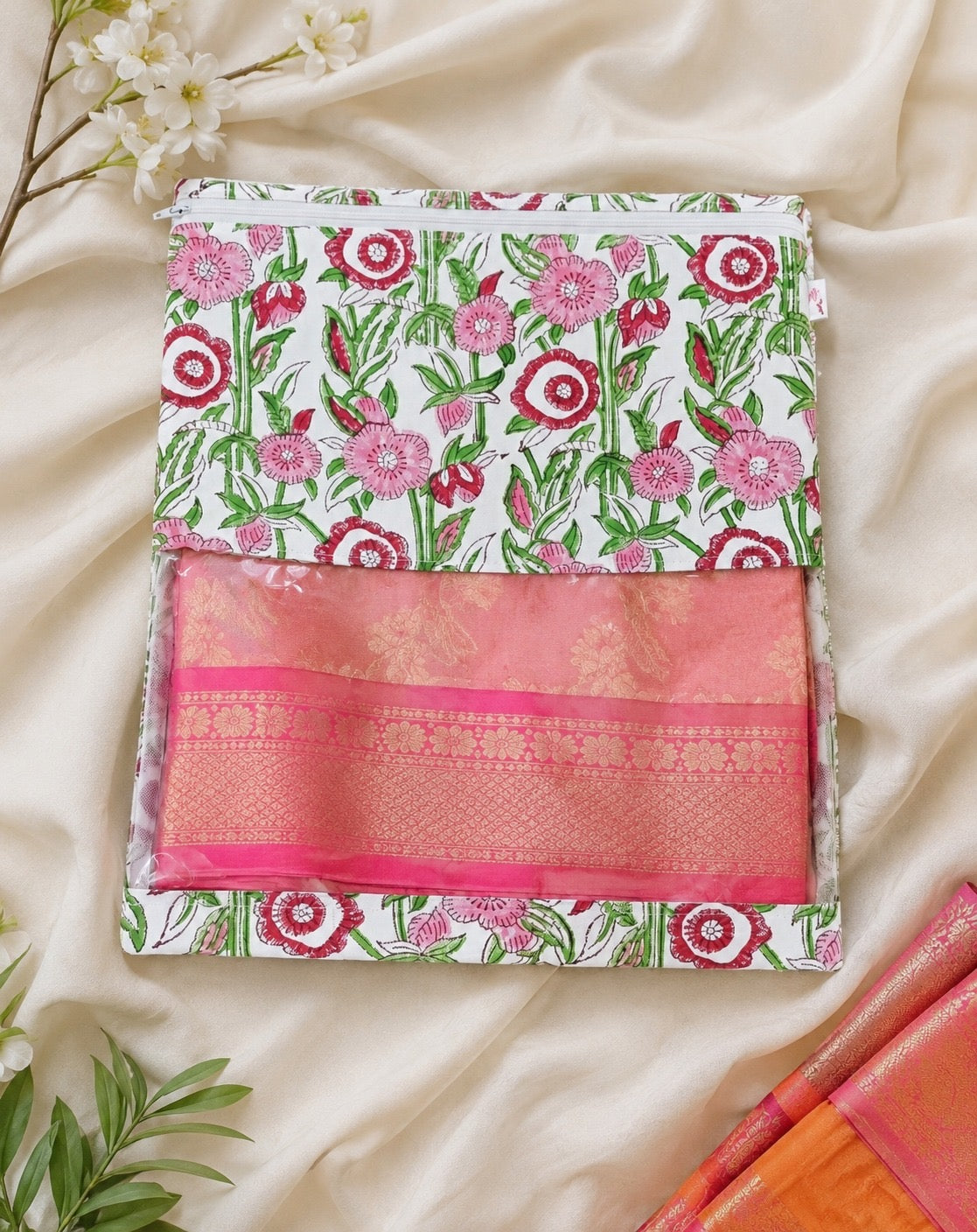 Handblock Printed Cotton Multi-Purpose Storage Pouch with Clear Window- Shoe & Clothing Organizer Bag- Set of 3/6
