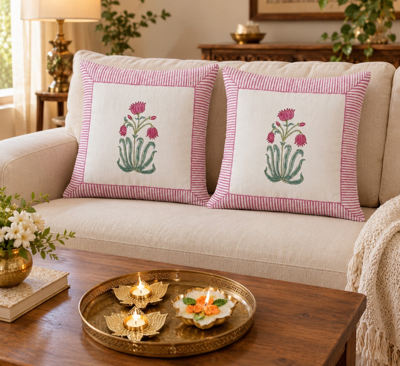 Diwali Home Décor Gift Box with 2 Cushion Covers, 1Handmade Floral Soy Wax Candle & 2 Metal Diyas