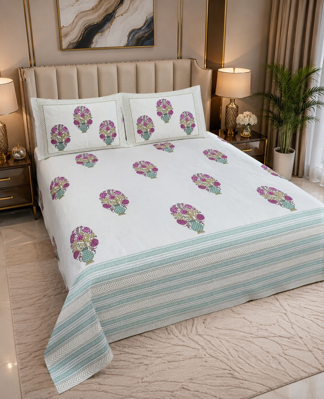 Hand Printed Bedsheet Super King Size Gift Box | 1 Super King Double Bedsheet with 2 Pillow Covers