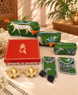 Diwali Gift Box Set of 5 Utility Pouches with Set of 2 Metal Diya (3 Makeup Pouches, 1 Sunglass Pouch, 1 Sanitary Napkin Pouch