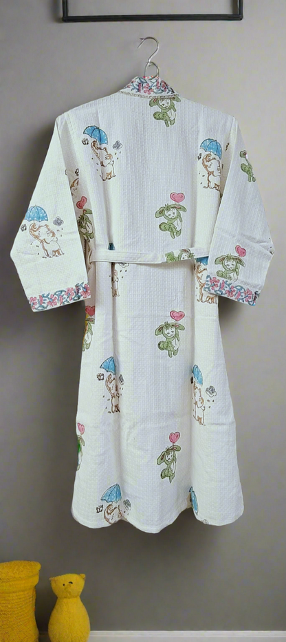 Handblock printed waffle cotton bathrobe for kids - 4-13 years old