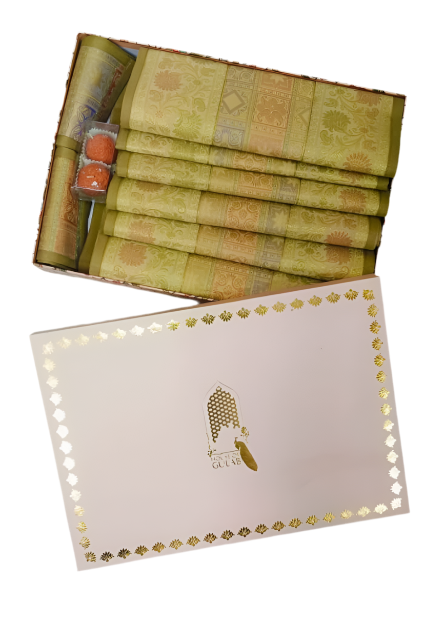 Diwali Gift Box with Banarasi Zari Table Runner, Set Of 6 Mats, 6 coaster & 2 laddoo candles