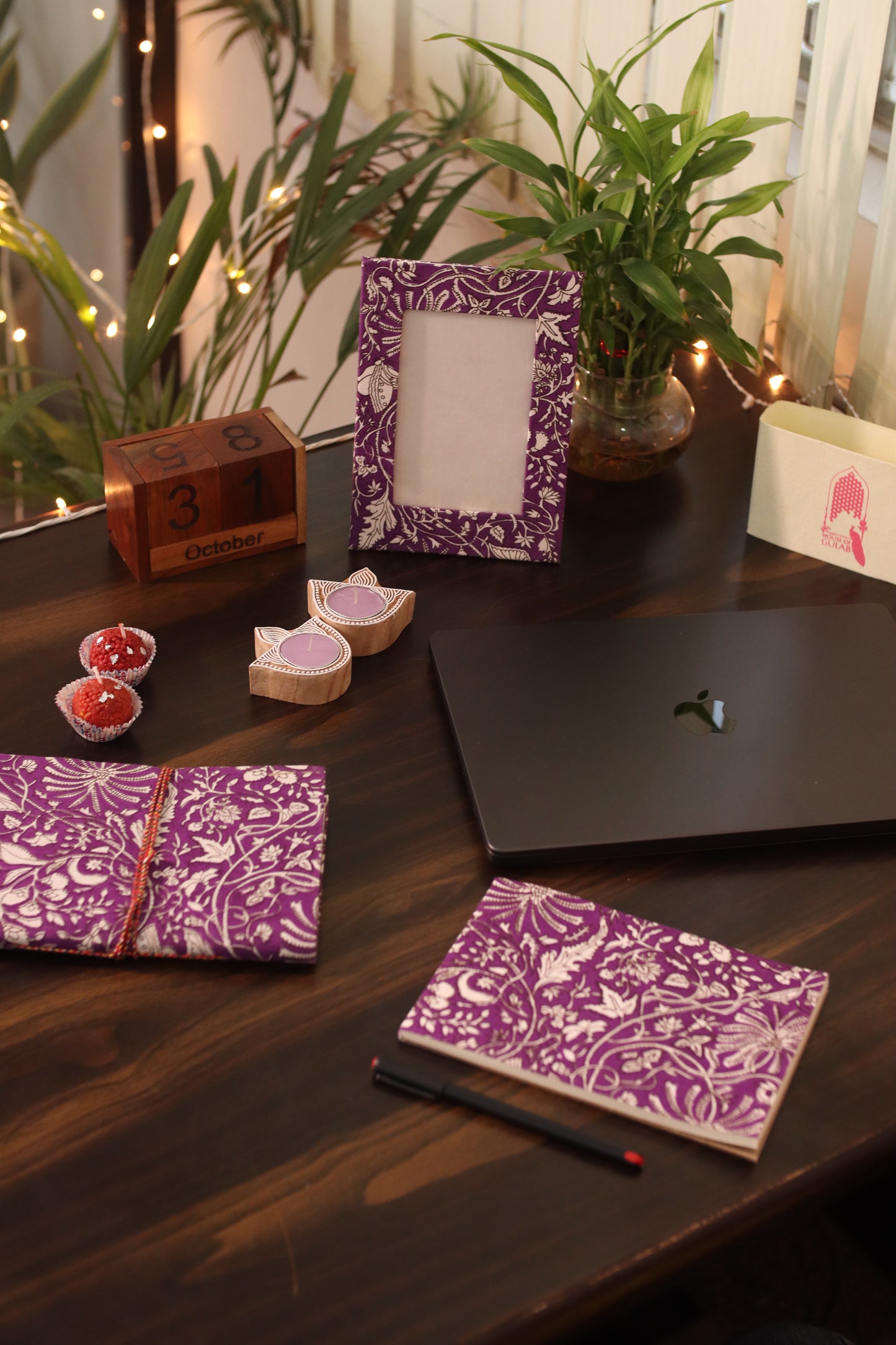 Gift Box with Work Desk Essential : 1 Diary, 1 Notepad, 1 Photoframe, 2 laddoo candles, 2 handblock candles