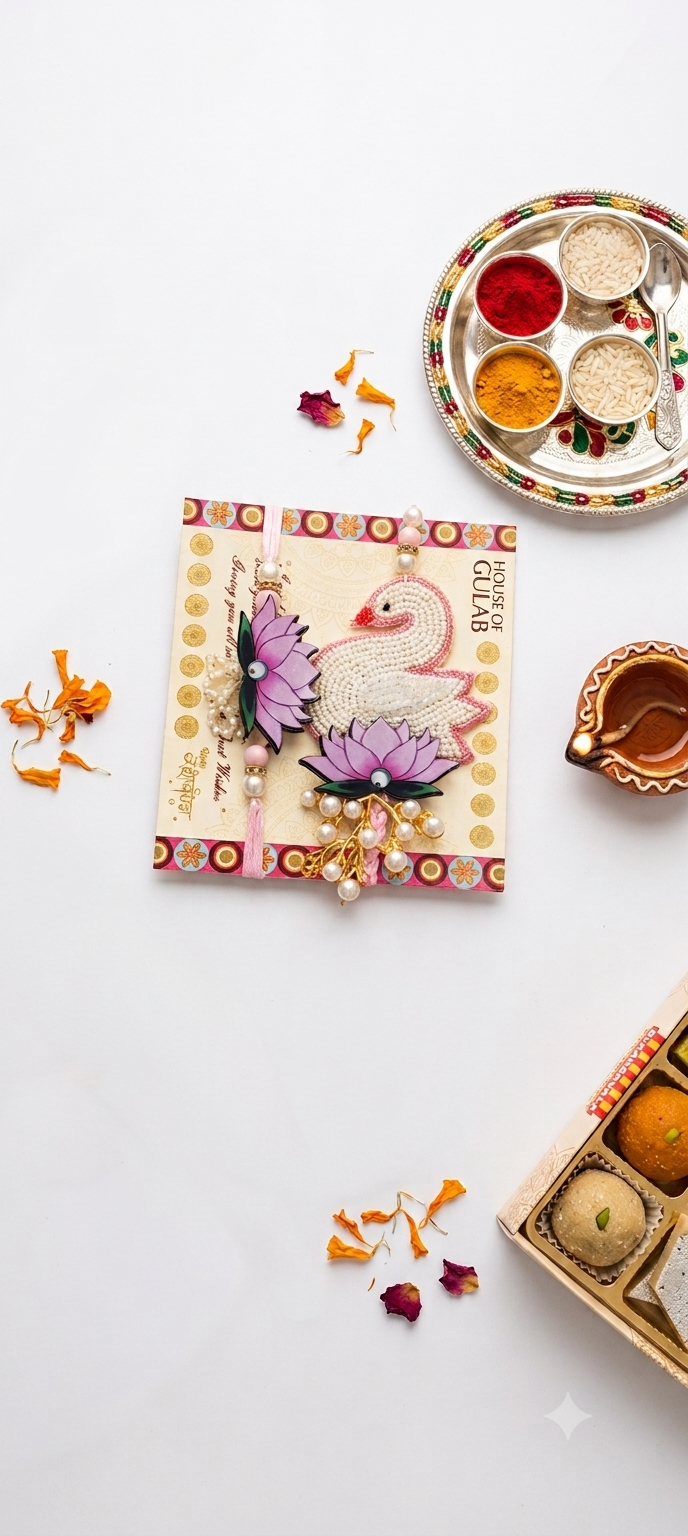 Bhaiya-Bhabhi Rakhi Gift Box – Handcrafted Lotus Rakhi & Swan Lumba Rakhi with Roli Chawal for Raksha Bandhan