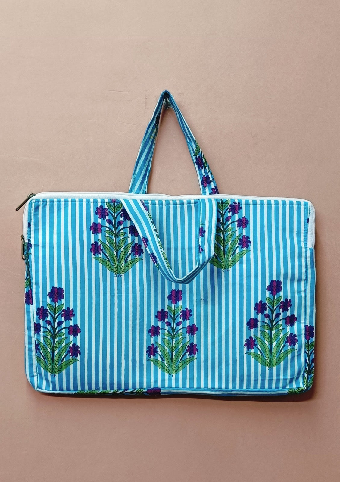 Laptop Bag with Handle -100% Cotton with handblock print and cushion support - 13-15 inches