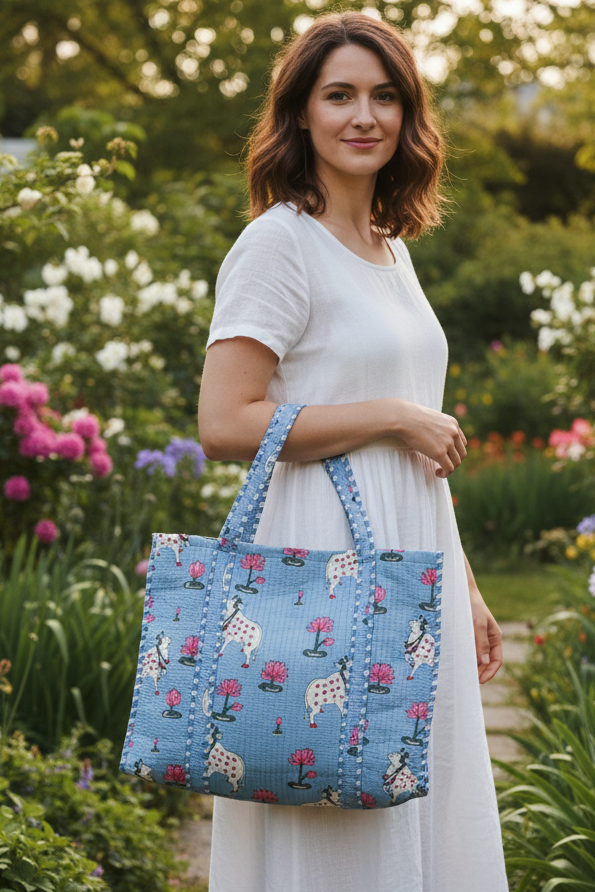 Handblock Printed Quilted Tote Bag without zip/button 17x18x 6 inches
