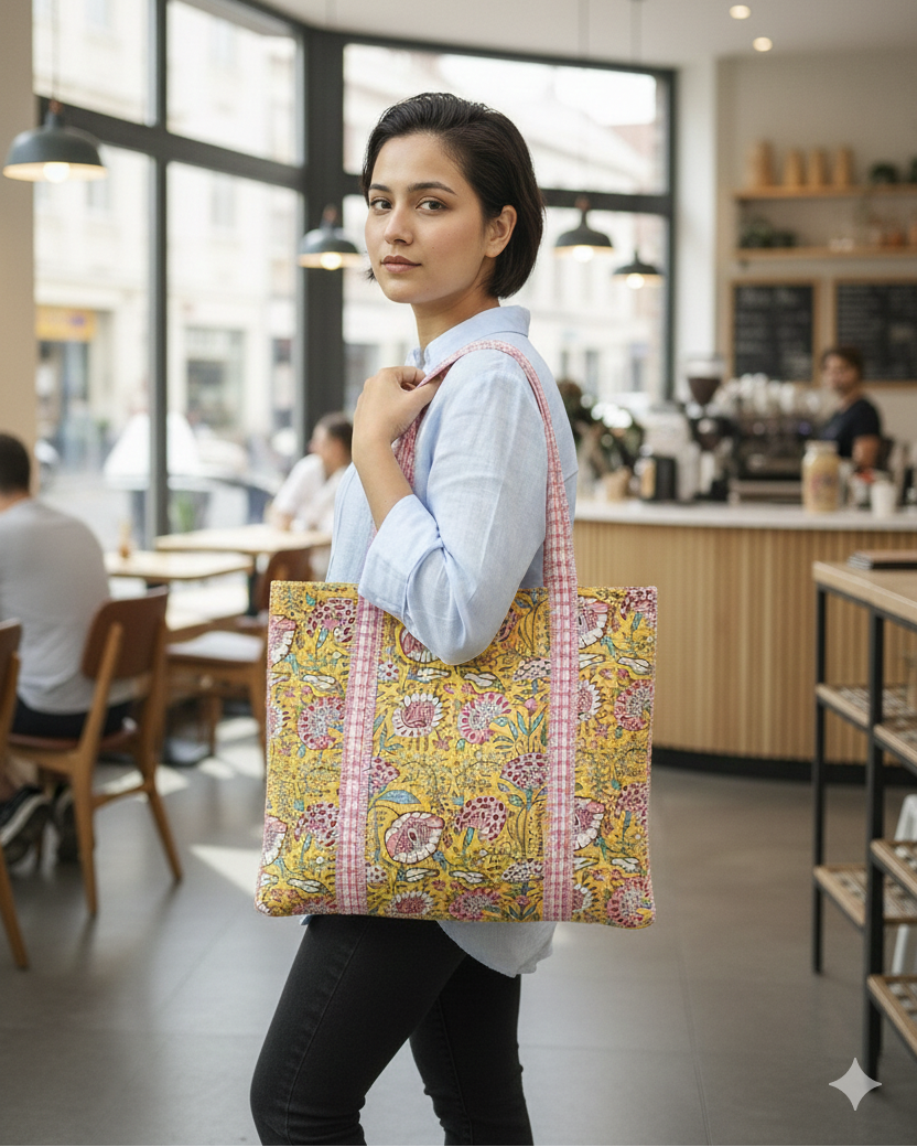 Handblock Printed Quilted Tote Bag without zip/button 17x18x 6 inches