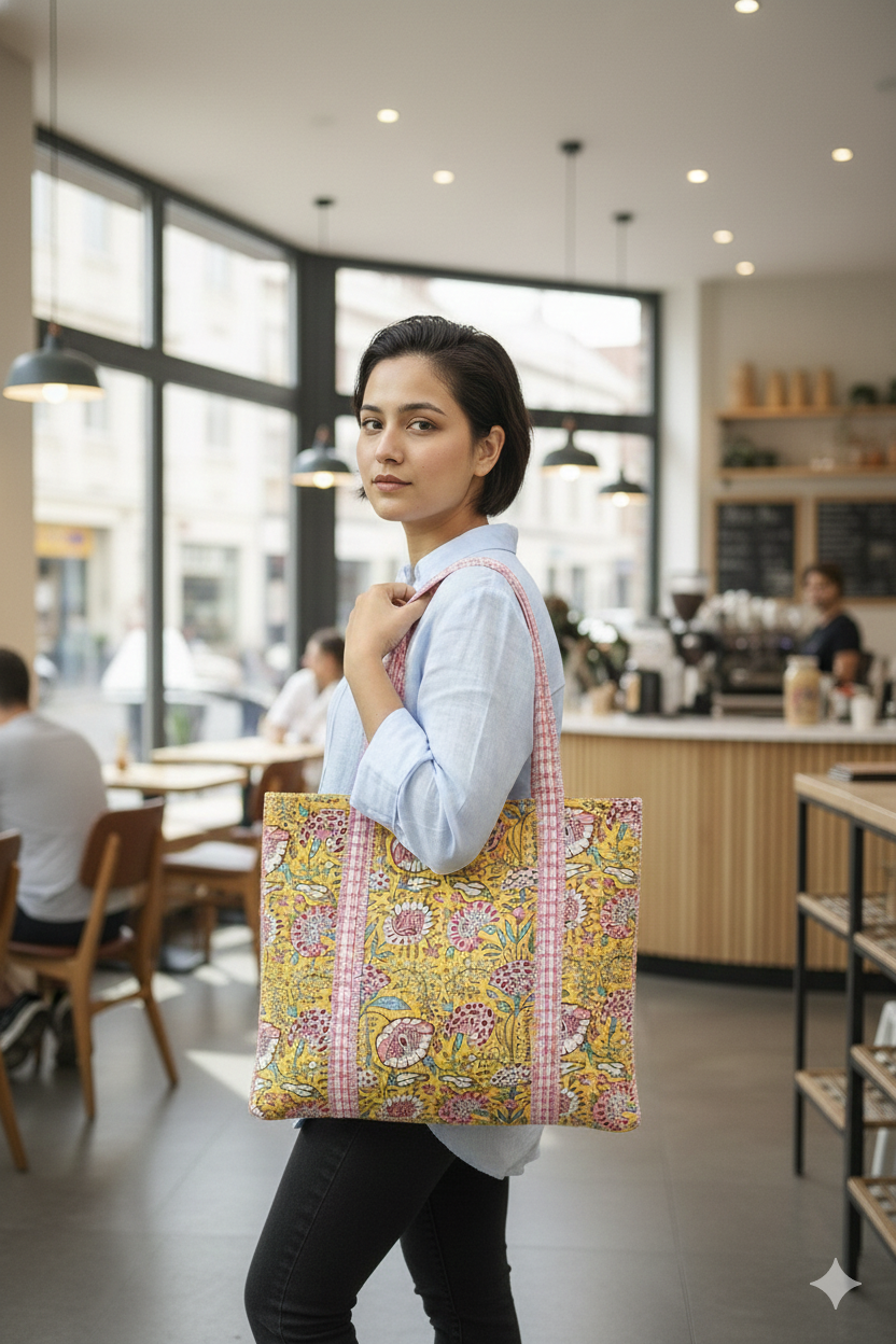 Handblock Printed Quilted Tote Bag without zip/button 17x18x 6 inches