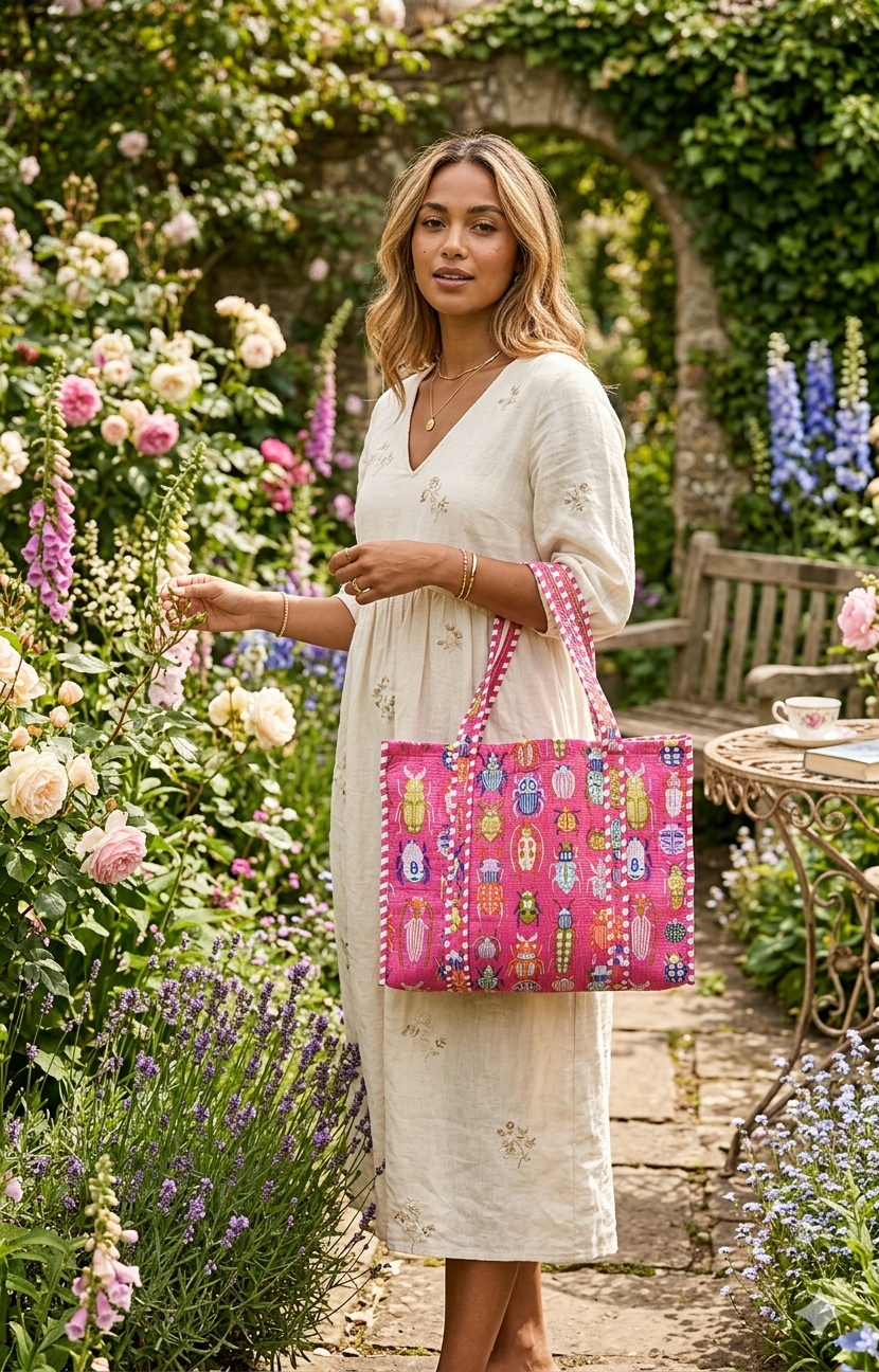 Handblock Printed Quilted Tote Bag without zip/button 17x18x 6 inches