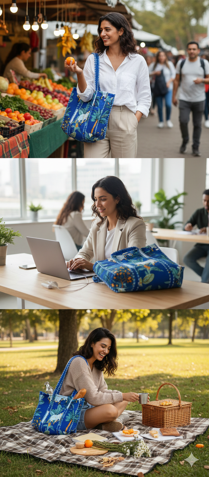 Handblock Printed Quilted Tote Bag without zip/button 17x18x 6 inches