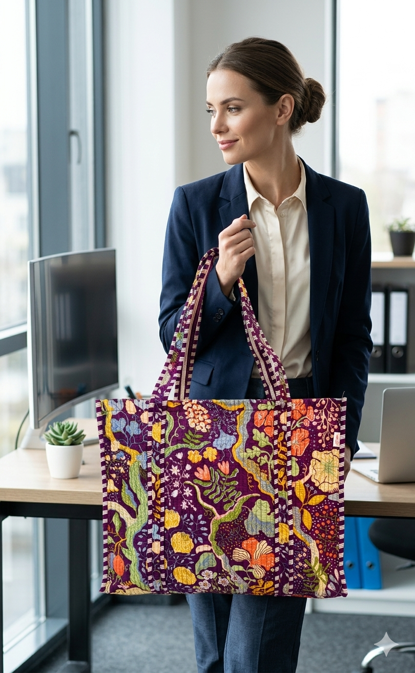 Handblock Printed Quilted Tote Bag without zip/button 17x18x 6 inches