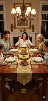 Diwali Gift Box with Banarasi Zari Table Runner, Set Of 6 Mats, 6 coaster & 2 laddoo candles