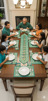 Diwali Gift Box with Banarasi Zari Table Runner, Set Of 6 Mats, 6 coaster & 2 laddoo candles