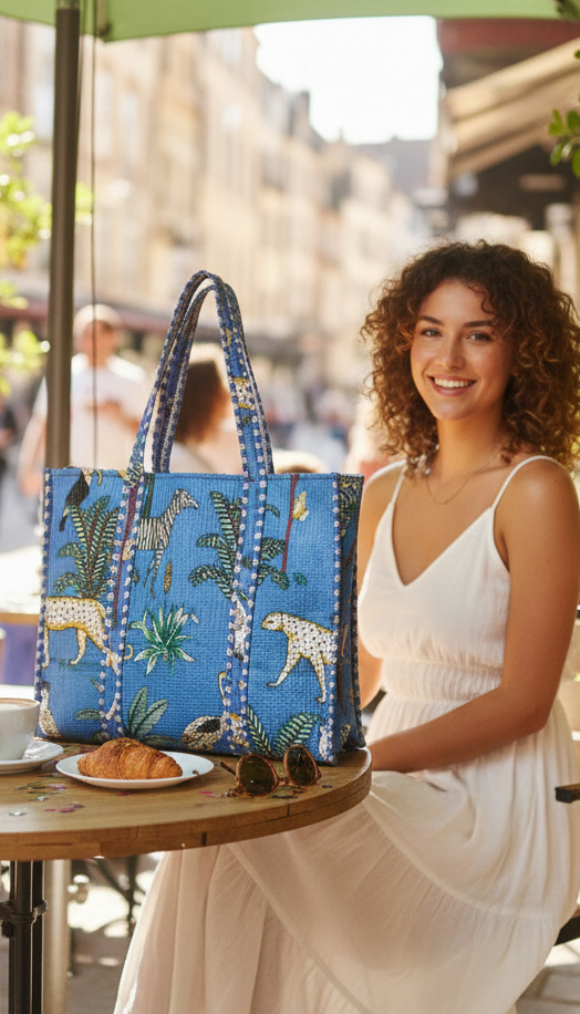 Handblock Printed Quilted Tote Bag without zip/button 17x18x 6 inches