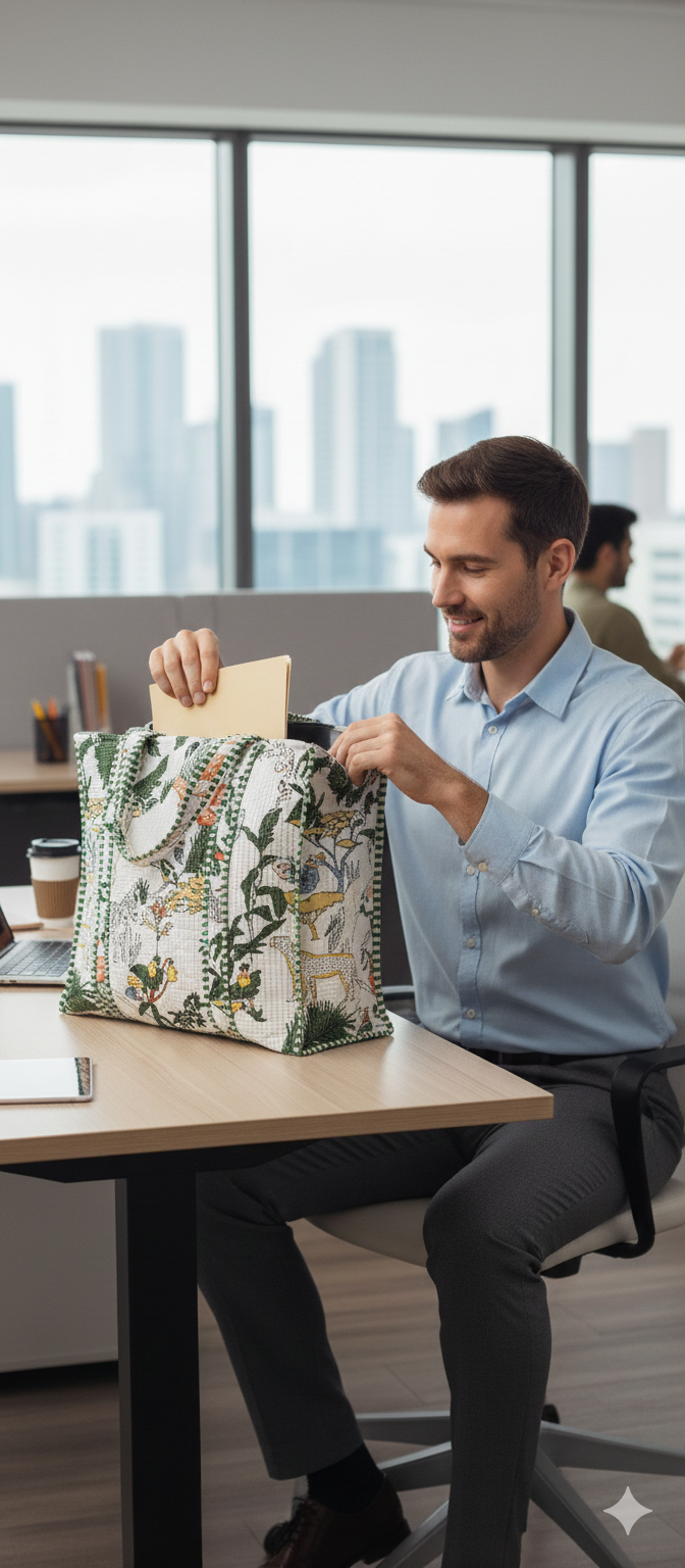 Handblock Printed Quilted Tote Bag without zip/button 17x18x 6 inches