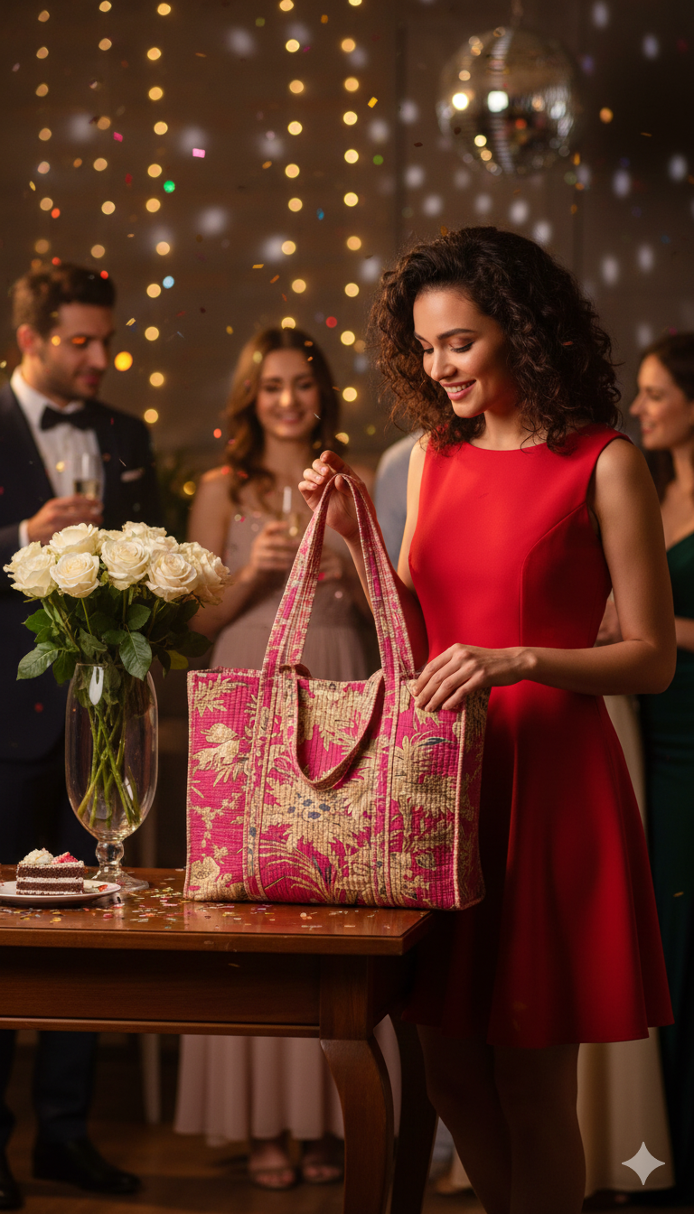 Handblock Printed Quilted Tote Bag without zip/button 17x18x 6 inches