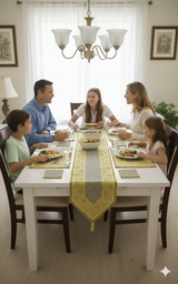 Diwali Gift Box with Banarasi Zari Table Runner, Set Of 6 Mats, 6 coaster & 2 laddoo candles