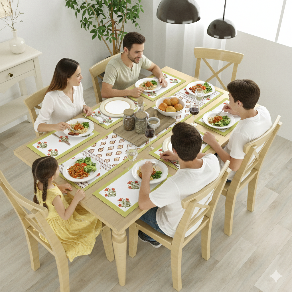 Handblock Printed Canvas Cotton Table Runner With Set Of 6 Mats