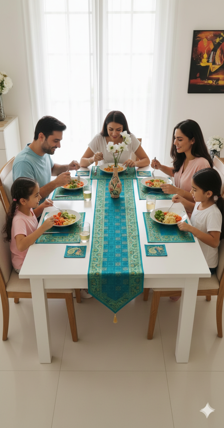 Diwali Gift Box with Banarasi Zari Table Runner, Set Of 6 Mats, 6 coaster
