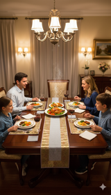 Diwali Gift Box with Banarasi Zari Table Runner, Set Of 6 Mats, 6 coaster & 2 laddoo candles