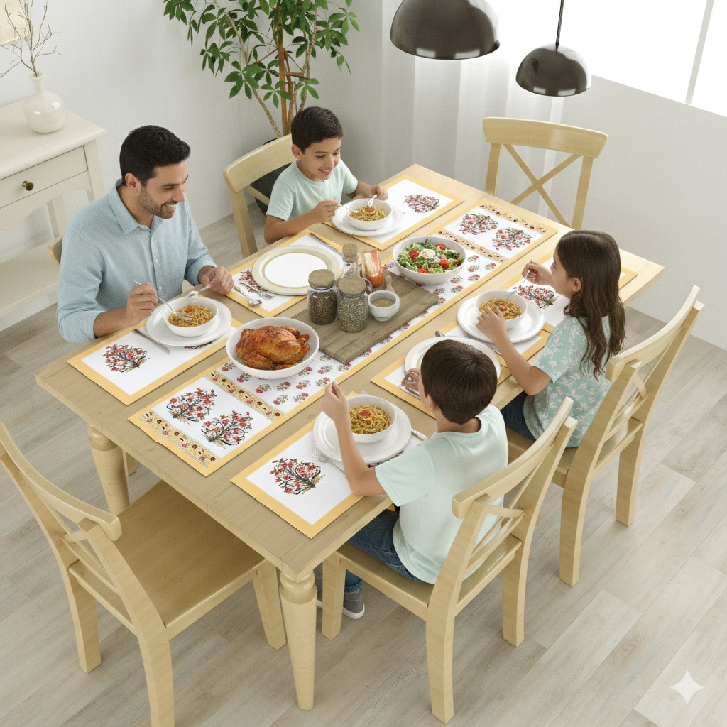Handblock Printed Canvas Cotton Table Runner With Set Of 6 Mats