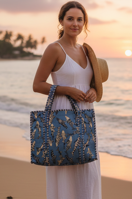 Handblock Printed Quilted Tote Bag with concealed zip ( 17x18x 6 inches)