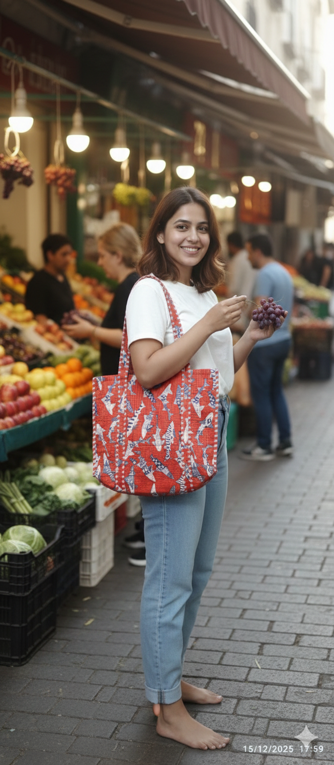 Handblock Printed Quilted Tote Bag without zip/button 17x18x 6 inches