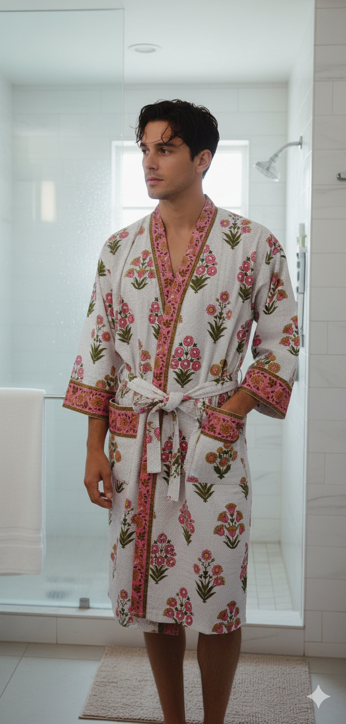 Waffle Cotton Handblock Printed Unisex Bathrobe - Free Size