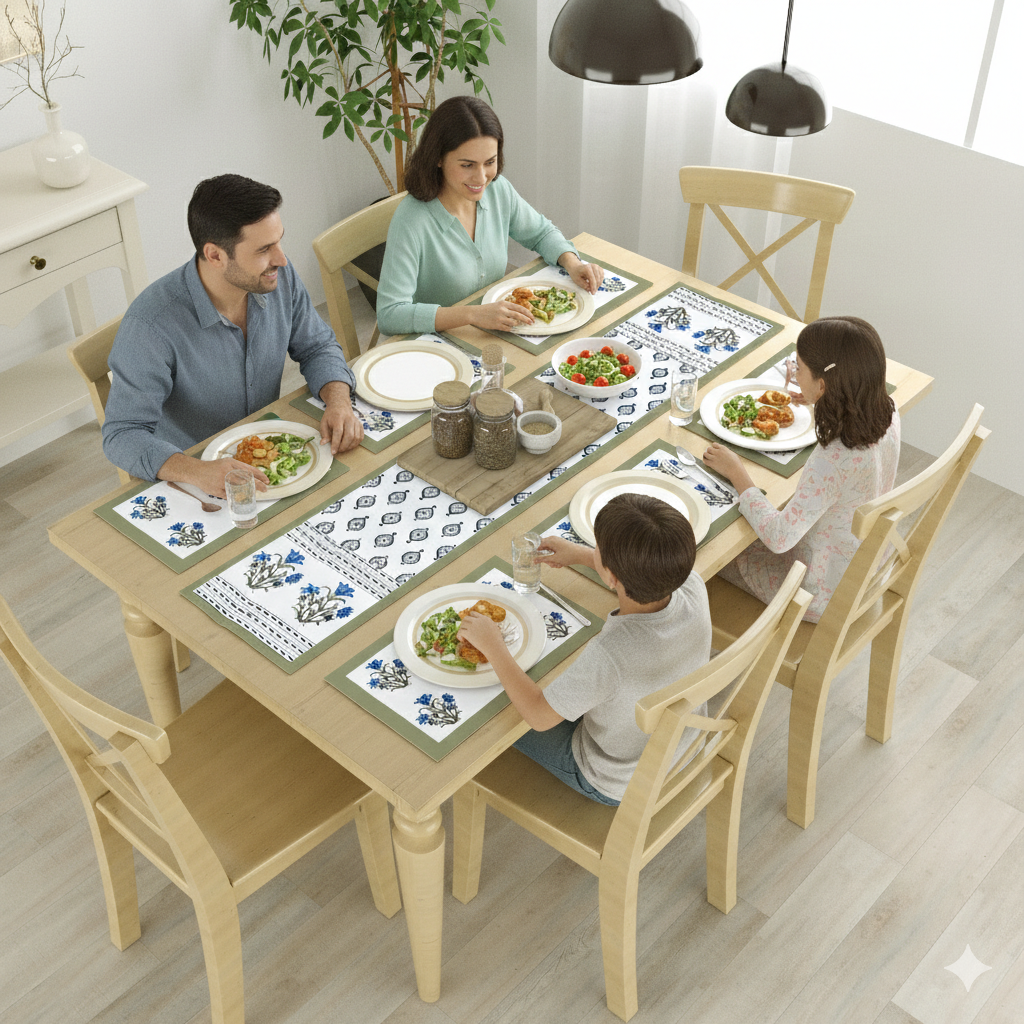 Handblock Printed Canvas Cotton Table Runner With Set Of 6 Mats