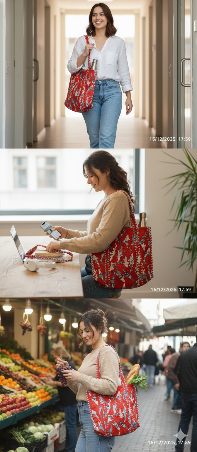 Handblock Printed Quilted Tote Bag without zip/button 17x18x 6 inches