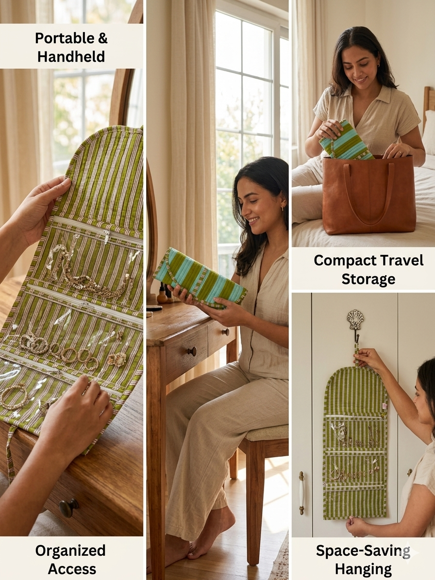 Handcrafted Travel Jewelry Organizer Roll | Artisan Fabric Jewelry Pouch