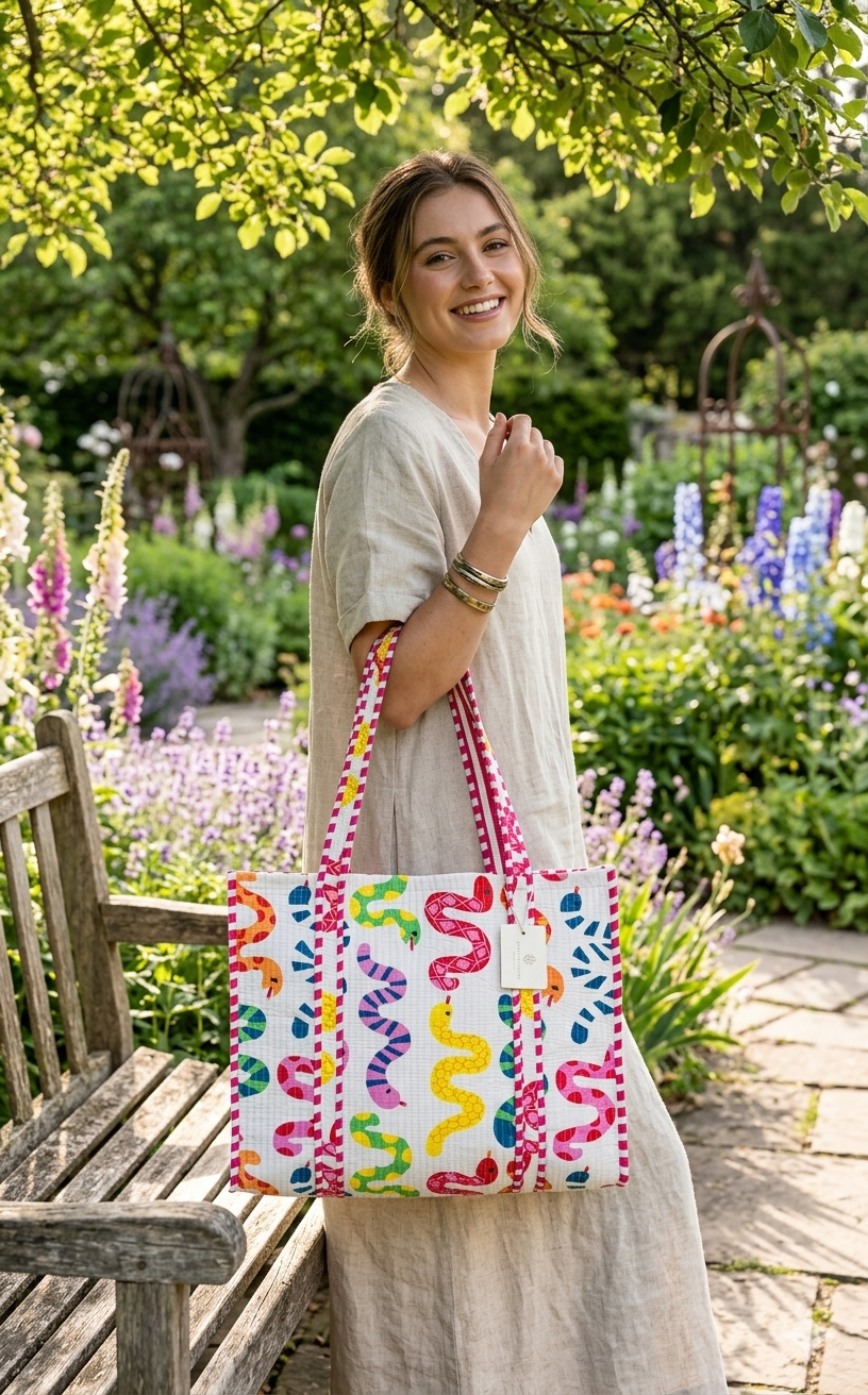 Handblock Printed Quilted Tote Bag without zip/button 17x18x 6 inches