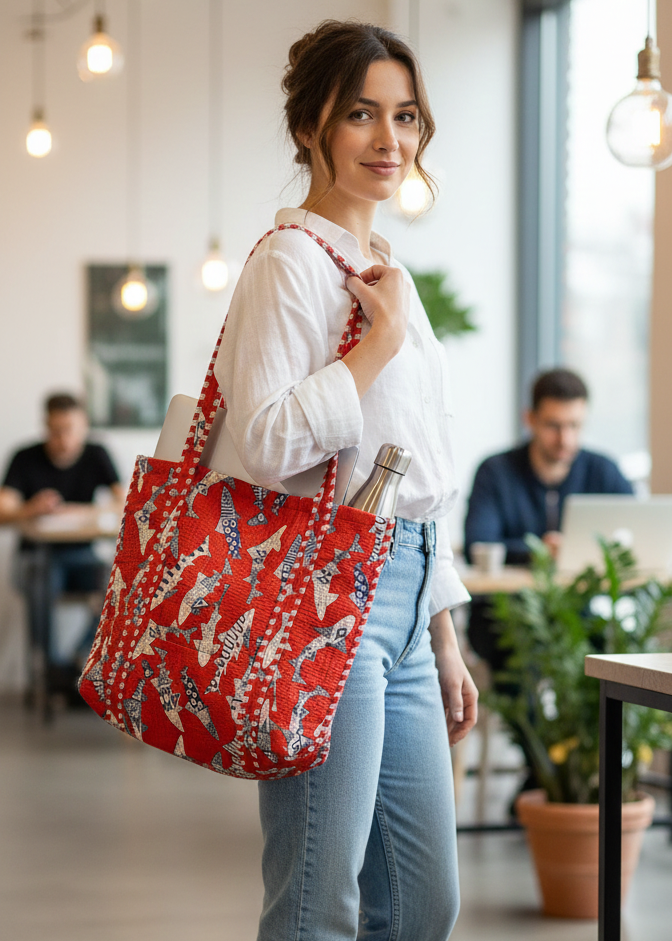 Handblock Printed Quilted Tote Bag without zip/button 17x18x 6 inches