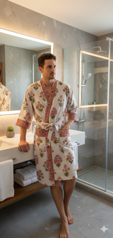 Waffle Cotton Handblock Printed Unisex Bathrobe - Free Size