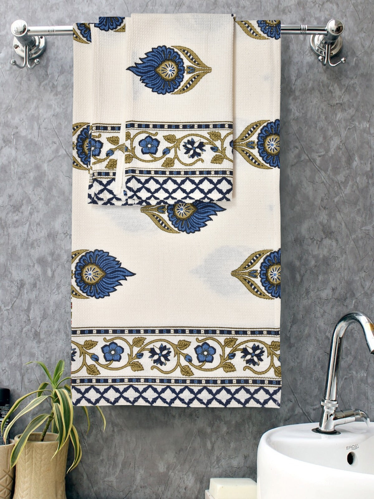 Gift Set - Handblock Printed Towels - 1 Bath + 2 Hand Towels