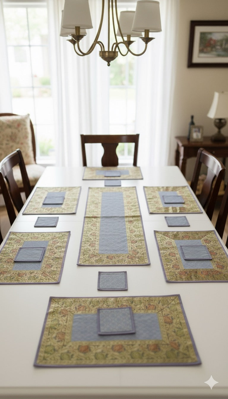 Diwali Gift Box with Banarasi Zari Table Runner, Set Of 6 Mats, 6 coaster & 2 laddoo candles