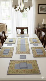 Diwali Gift Box with Banarasi Zari Table Runner, Set Of 6 Mats, 6 coaster & 2 laddoo candles