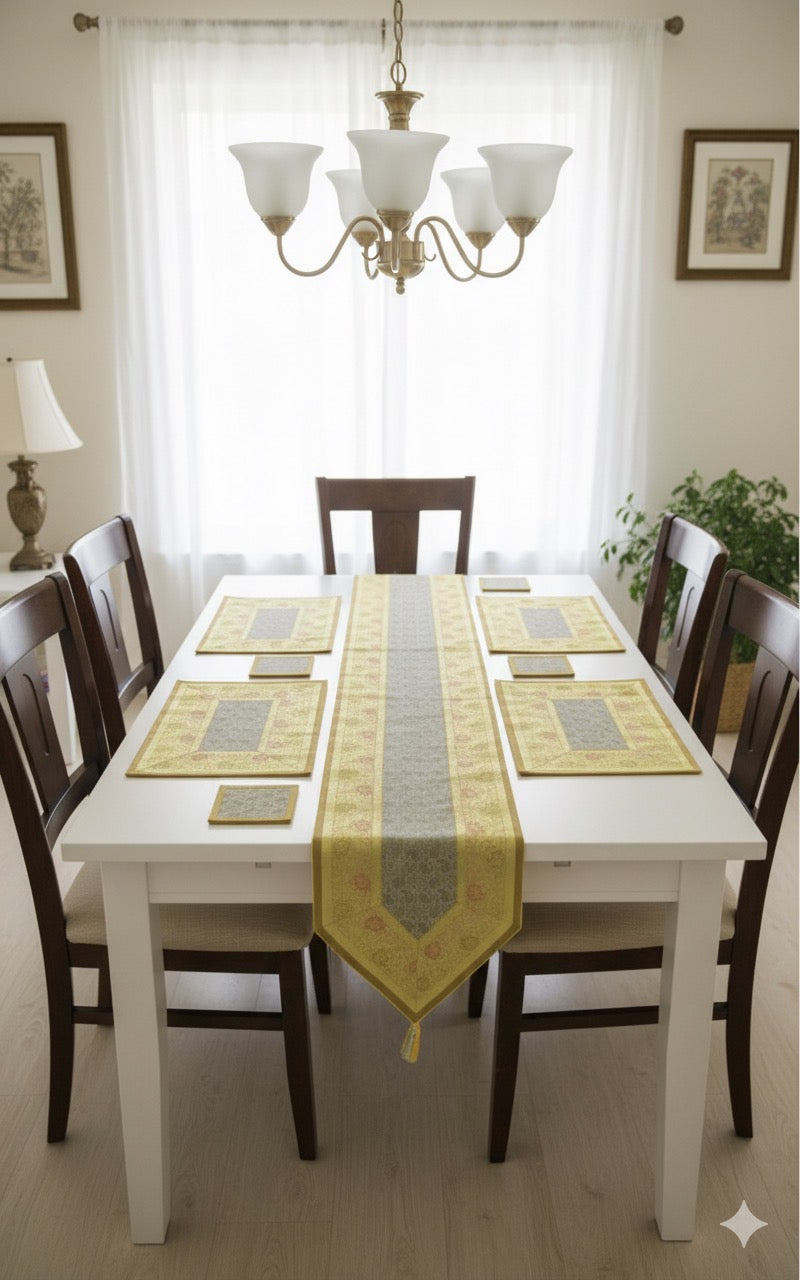 Diwali Gift Box with Banarasi Zari Table Runner, Set Of 6 Mats, 6 coaster & 2 laddoo candles