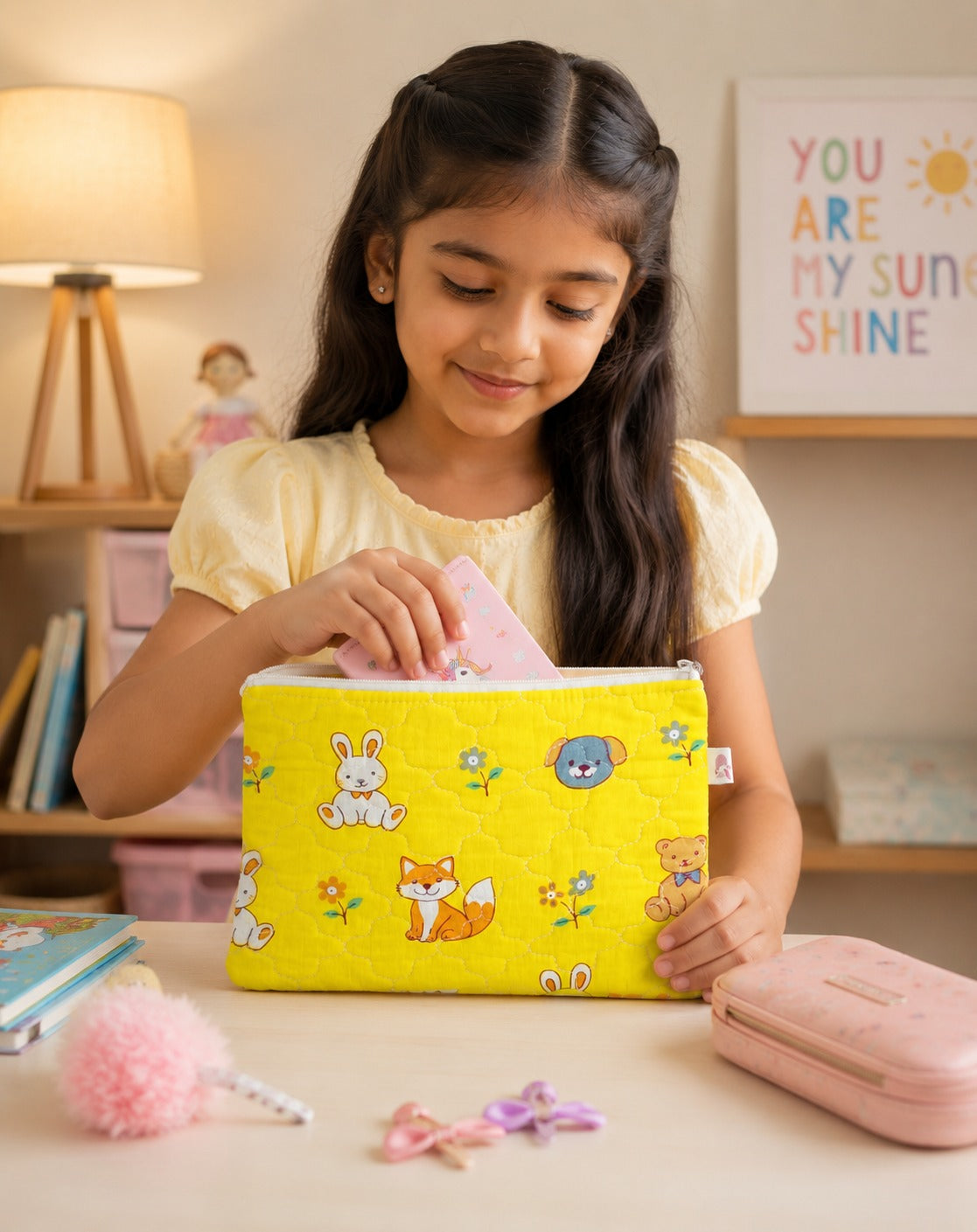 Handblock Printed Cotton Kids’ Flat Pouch with Zip Closure