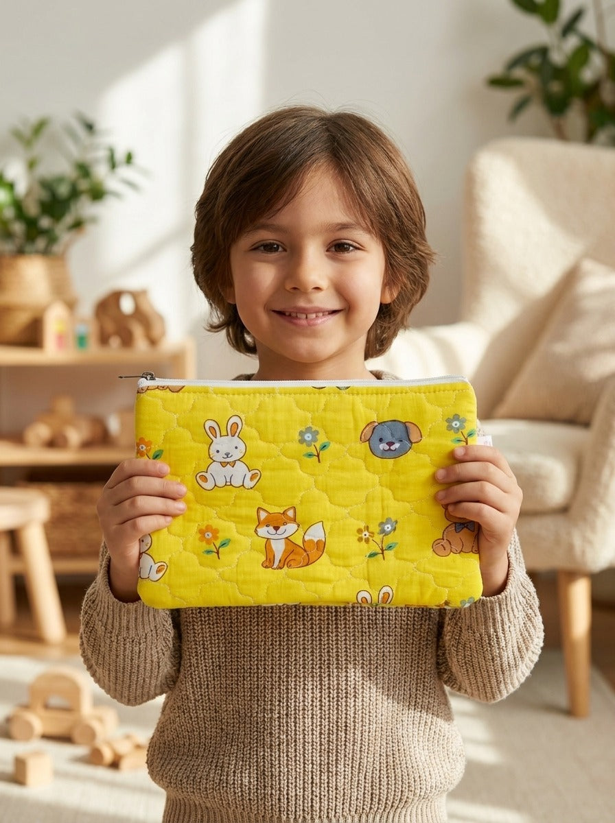 Handblock Printed Cotton Kids’ Flat Pouch with Zip Closure