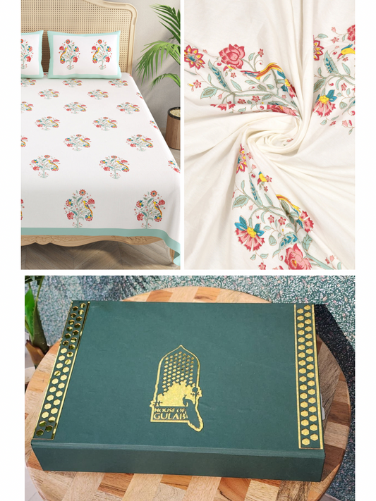 Gift Box with Large Percale Cotton Bedsheet with 2 Pillow Covers (Handblock Prints)