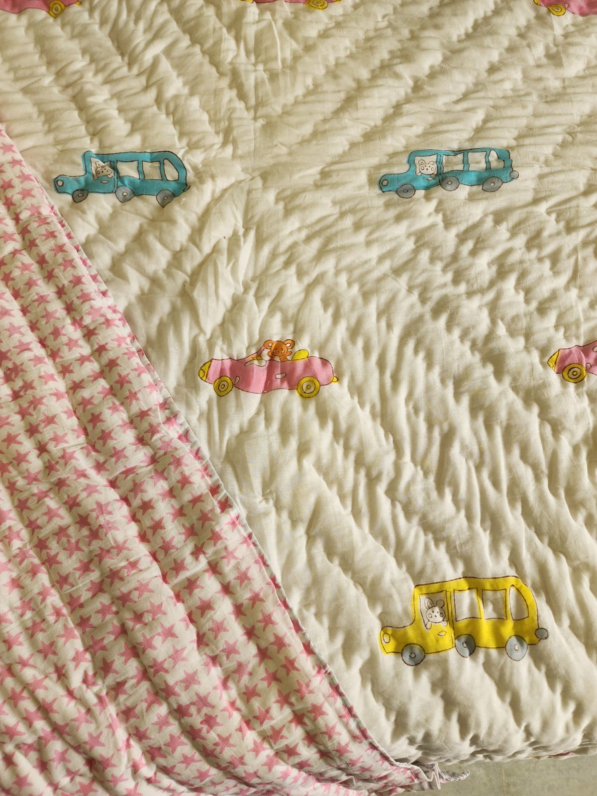 Handblock printed Cotton Reversible Kids Razai/ Quilt- 60x90 inches