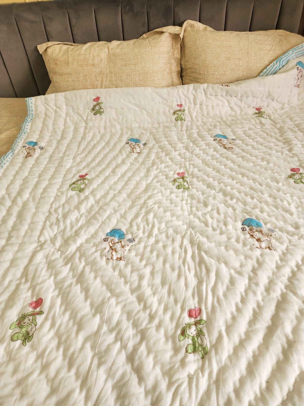Handblock printed Cotton Reversible Kids Razai/ Quilt- 60x90 inches