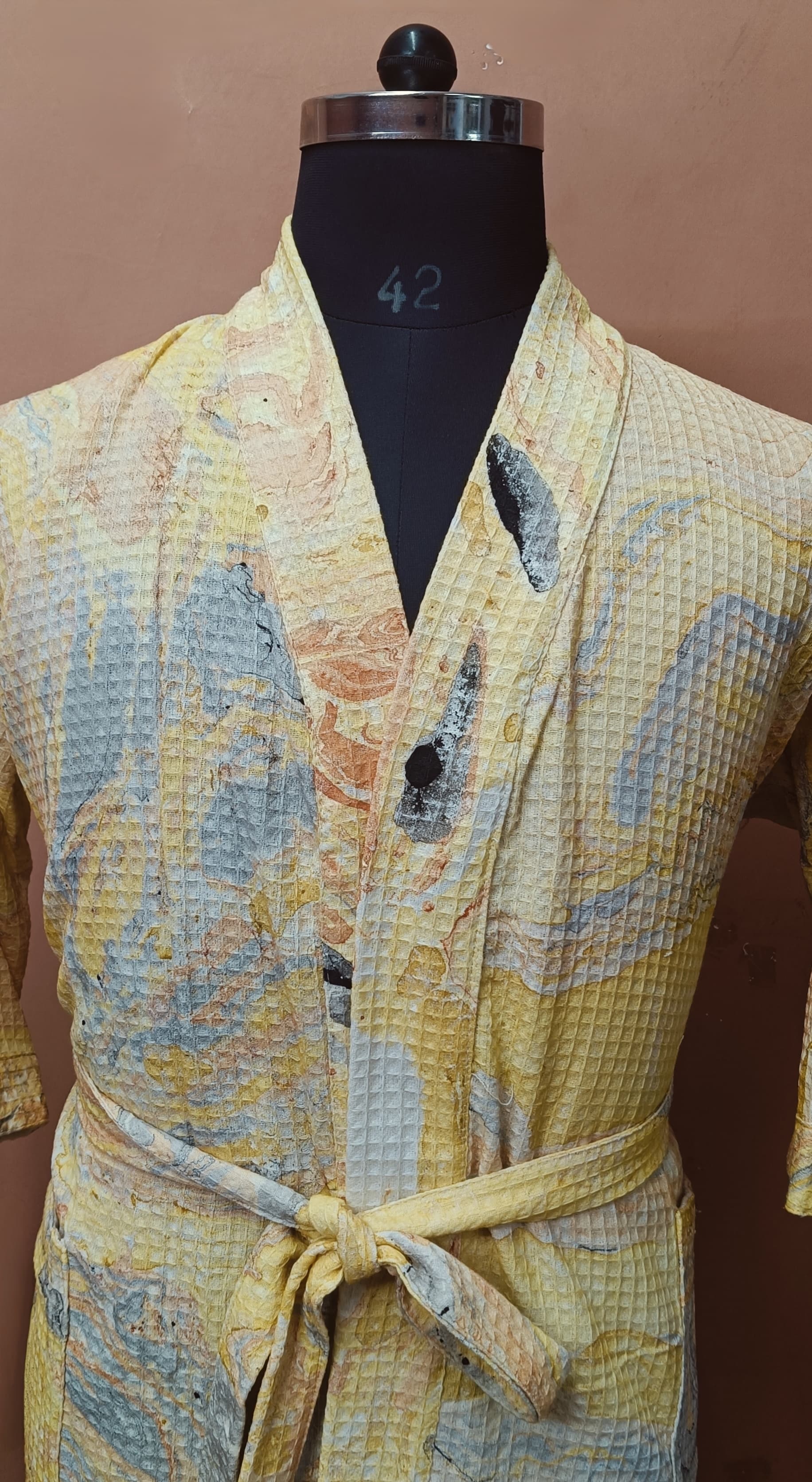 Unisex Marble Print Waffle Cotton Bathrobe- Free Size