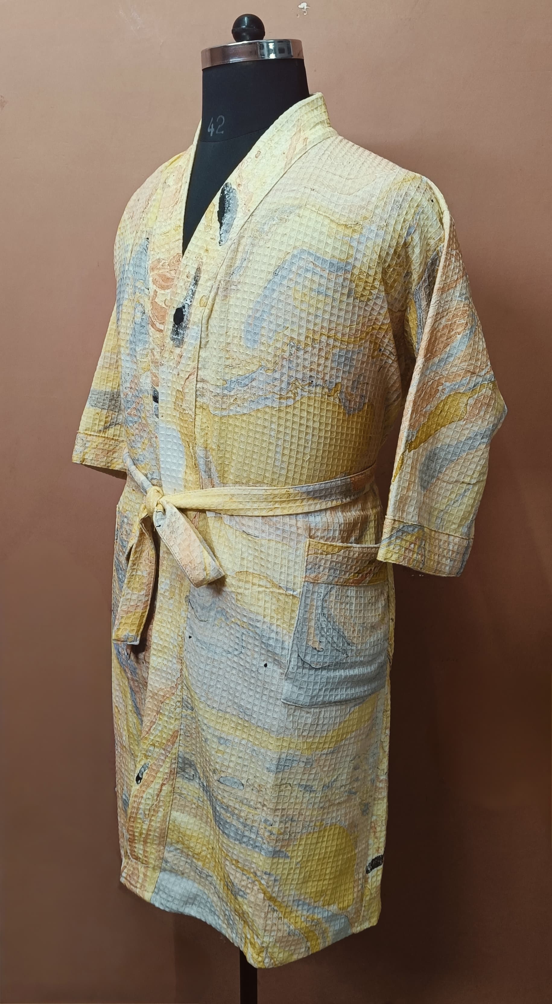 Unisex Marble Print Waffle Cotton Bathrobe- Free Size