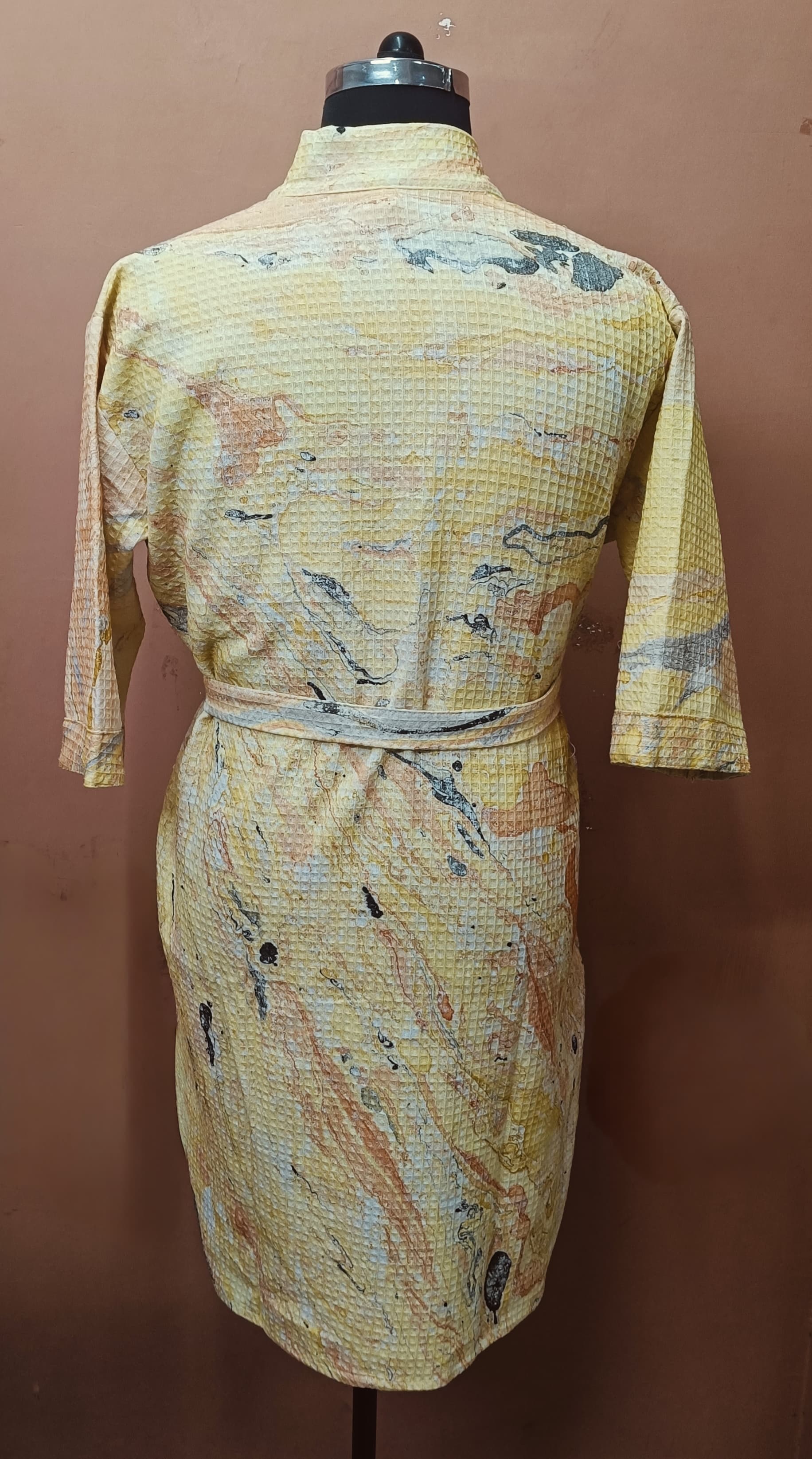 Unisex Marble Print Waffle Cotton Bathrobe- Free Size