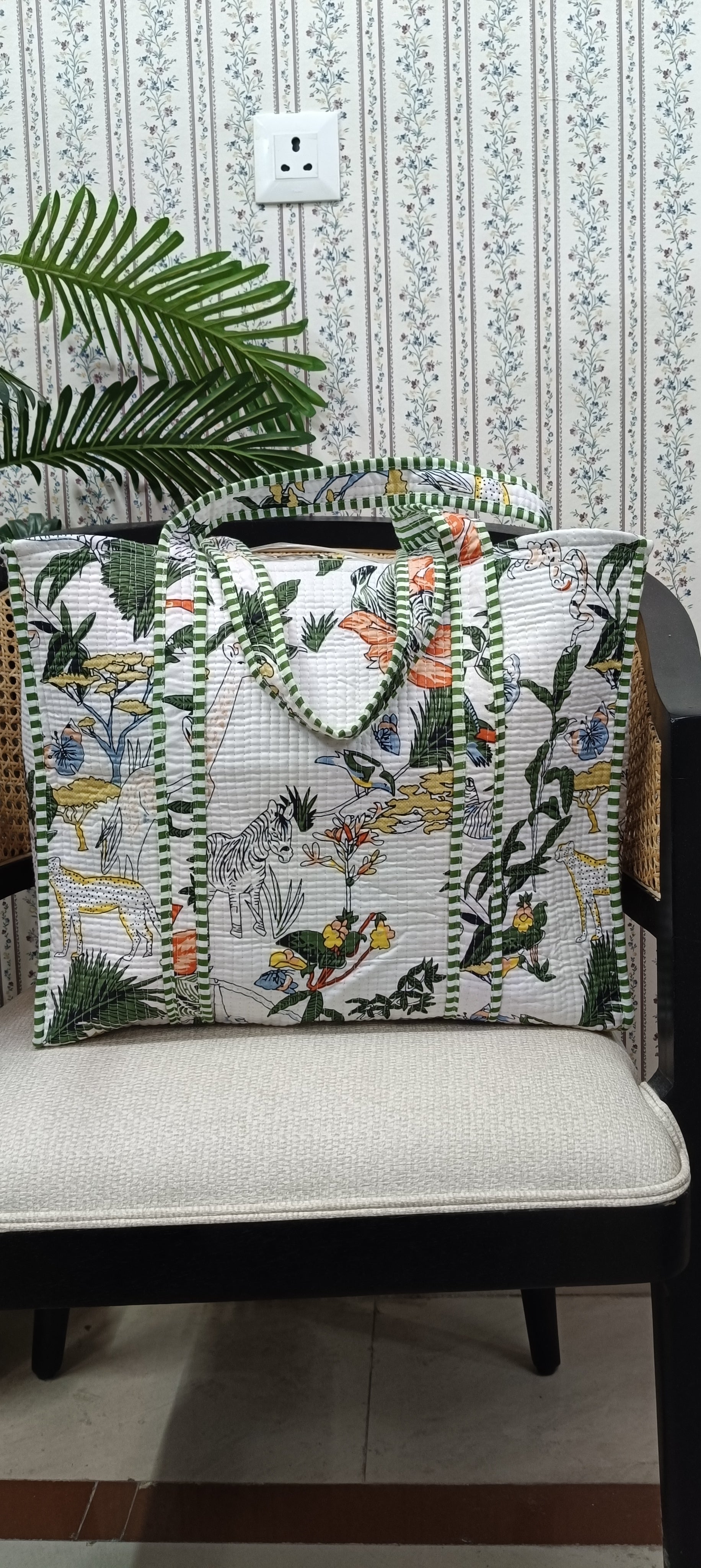 Handblock Printed Quilted Tote Bag without zip/button 17x18x 6 inches