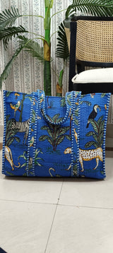 Handblock Printed Quilted Tote Bag without zip/button 17x18x 6 inches