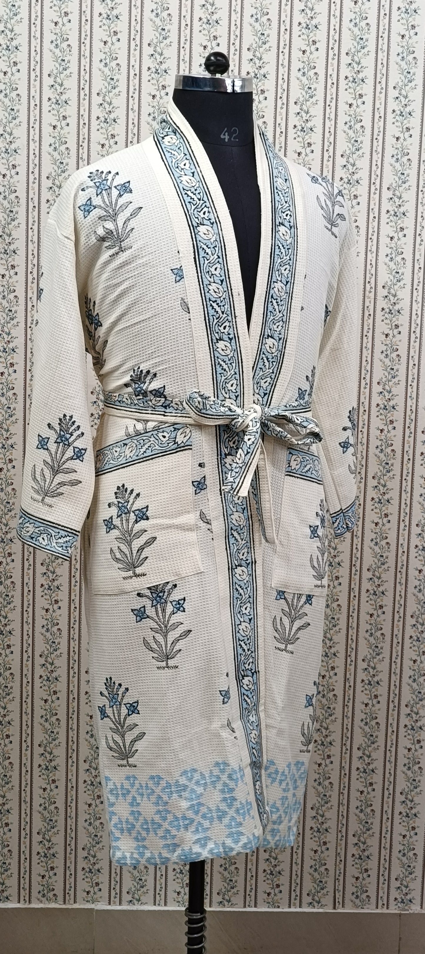 Waffle Cotton Handblock Printed Unisex Bathrobe - Free Size