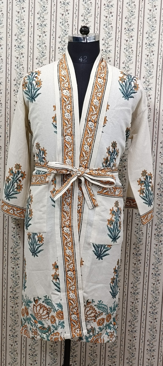 Waffle Cotton Handblock Printed Unisex Bathrobe - Free Size